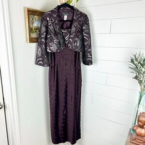 Alex Evenings Column Sheath Metallic Tiered Gown  Bolero Jacket Plum Size 6